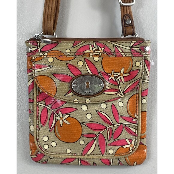 Fossil Key Per Crossbody Bag Coated Canvas Floral Orange Pink Tan VTG Y2K Boho - Picture 1 of 8